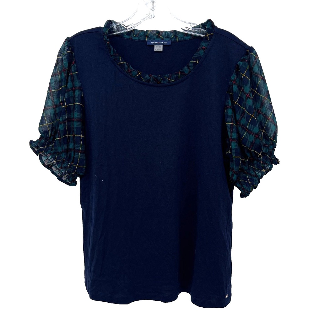 TOMMY HILFIGER Women's XL Navy w/ Green Plaid Trim Puff Sleeves Round Neck Shirt